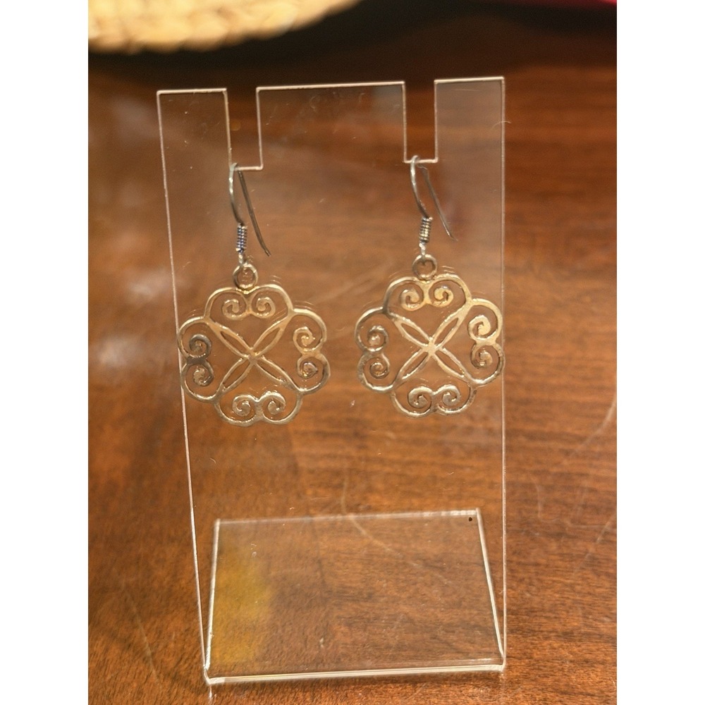 ✨ Sterling Silver Scroll Floral Dangle Earrings 925 Boho Openwork ✨ - Picture 5 of 5